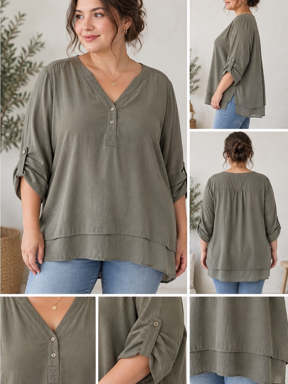 Chico's Layered Split-Back Popover Blouse Olive Green Roll Tab Size 2 (L)